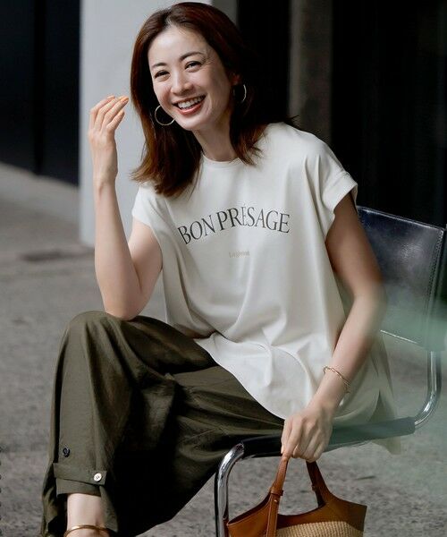 S size ONWARD(小さいサイズ)/エスサイズオンワード 【接触冷感/洗える】BON-PRESAGE ロゴ フレンチスリーブ Tシャツ ライトグレー系 32 S size ONWARD(小さいサイズ)/エスサイズオンワード 【接触冷感/洗える】BON-PRESAGE ロゴ フレンチスリーブ Tシャツ ライトグレー系 32
