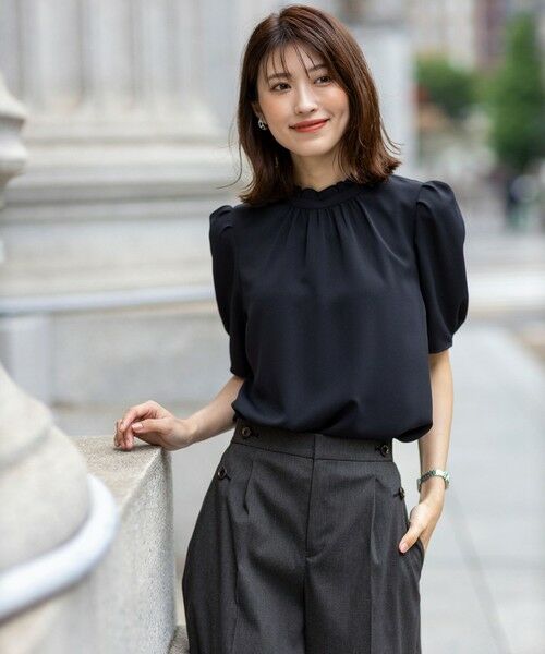 S size ONWARD(小さいサイズ) / エスサイズオンワード シャツ・ブラウス | 【洗える】フリルネックスタンド ブラウス（ネイビー）