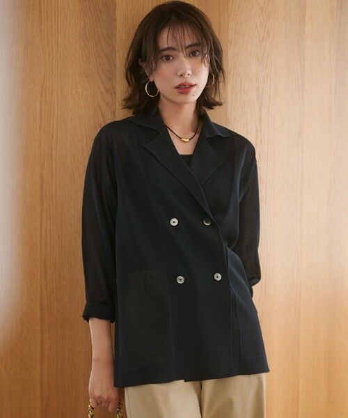 S size ONWARD(小さいサイズ)/エスサイズオンワード 【洗える】シアー ダブルブレスト ニット ジャケット ブラック系 32 S size ONWARD(小さいサイズ)/エスサイズオンワード 【洗える】シアー ダブルブレスト ニット ジャケット ブラック系 32