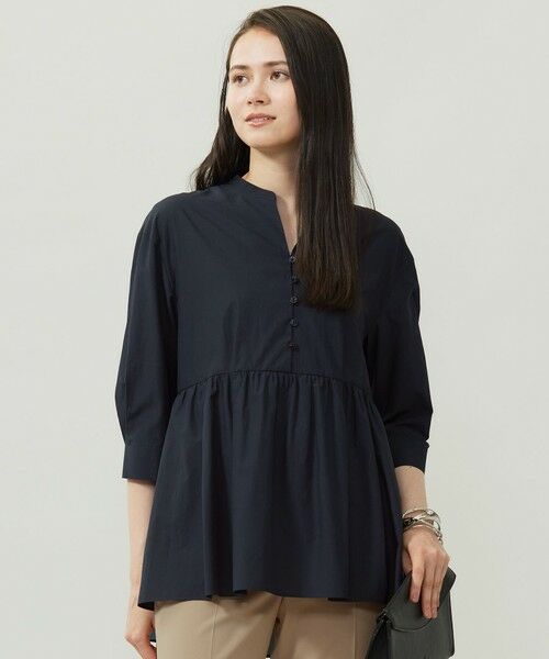 S size ONWARD(小さいサイズ)/エスサイズオンワード 【洗える】シアーソフトシャンブレーペプラム ブラウス ネイビー 32