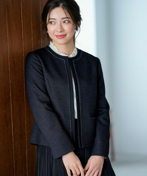 S size ONWARD(小さいサイズ) / エスサイズオンワード ノーカラージャケット | リップルボーダーストレッチ ジャケット | 詳細1