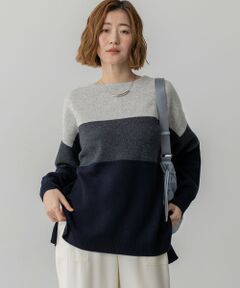 【洗える】ウールカシミヤ カラーブロック チュニック ニット