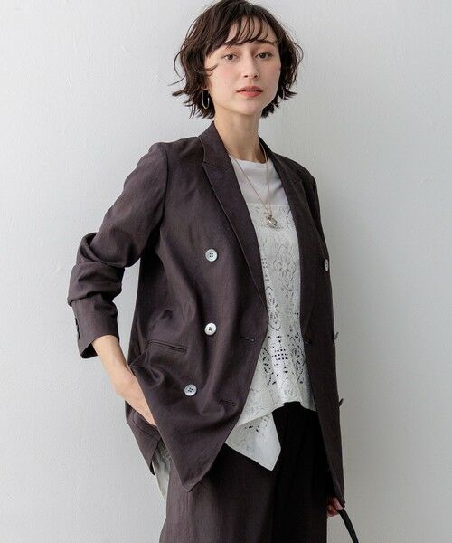 S size ONWARD(小さいサイズ) / エスサイズオンワード その他アウター | 【CanCam掲載】リネンレーヨンストレッチ ダブルジャケット（ダークブラウン系）
