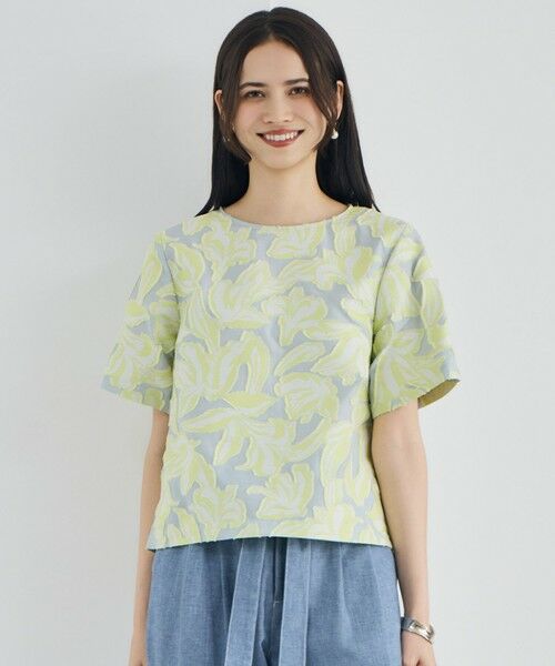 S size ONWARD(小さいサイズ) / エスサイズオンワード シャツ・ブラウス | リーフモチーフカットジャガード ブラウス（ペールブルー×イエロー）