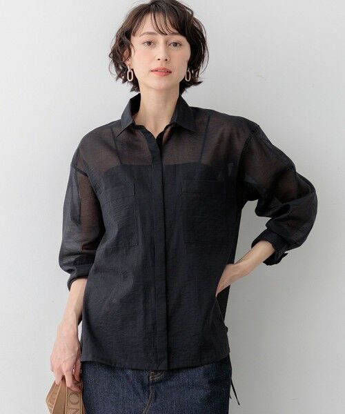 S size ONWARD(小さいサイズ) / エスサイズオンワード シャツ・ブラウス | 【見上愛さん着用】ナイロンコットンシアーボイル ドロストシャツ（ネイビー系）