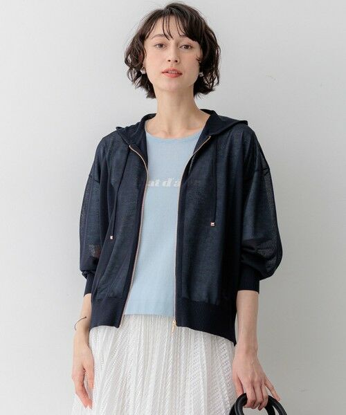S size ONWARD(小さいサイズ) / エスサイズオンワード ニット・セーター | 【一部予約】シャイニーシアーニット ジップアップ パーカー（ネイビー系）