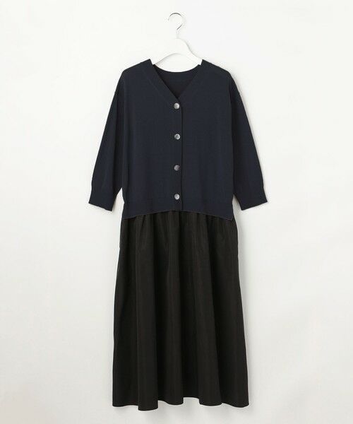 S size ONWARD(小さいサイズ) / エスサイズオンワード ロング・マキシ丈ワンピース | 【人気異素材コンビの最新作・前後着用可】タフタコンビ ワンピース（ネイビー）