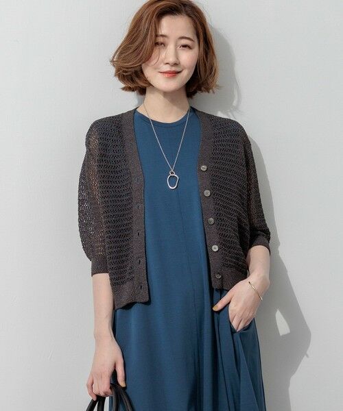 S size ONWARD(小さいサイズ) / エスサイズオンワード カーディガン・ボレロ | レーシーメッシュニット 五分袖 カーディガン（グレー系）