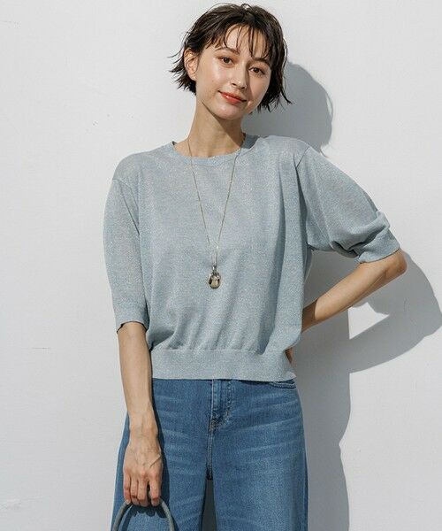 S size ONWARD(小さいサイズ) / エスサイズオンワード ニット・セーター | オータムメタリック パフスリーブ ニット Tシャツ（ライトグリーン系）