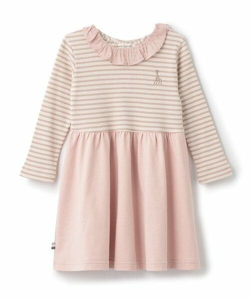 Sophie la girafe / キリンのソフィー ミニ丈・ひざ丈ワンピース | テレコボーダー長袖ワンピース（ピンク）