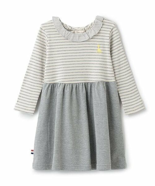 Sophie la girafe / キリンのソフィー ミニ丈・ひざ丈ワンピース | テレコボーダー長袖ワンピース（グレー）