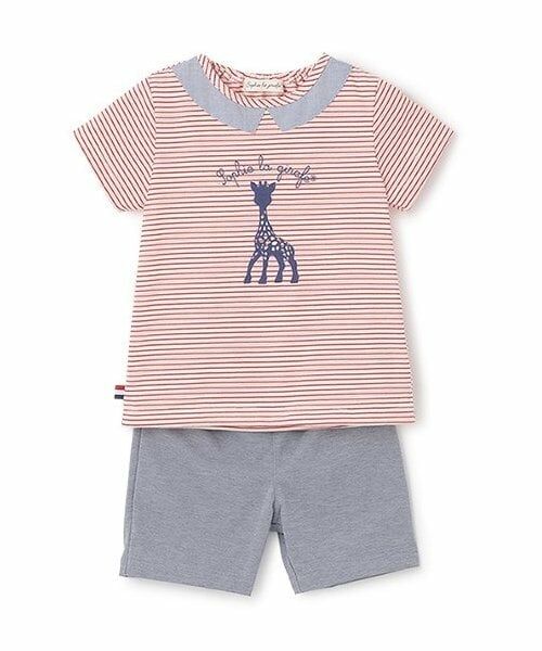 Sophie la girafe / キリンのソフィー Tシャツ | プリントボーダー半袖スーツ【日本製】（赤）