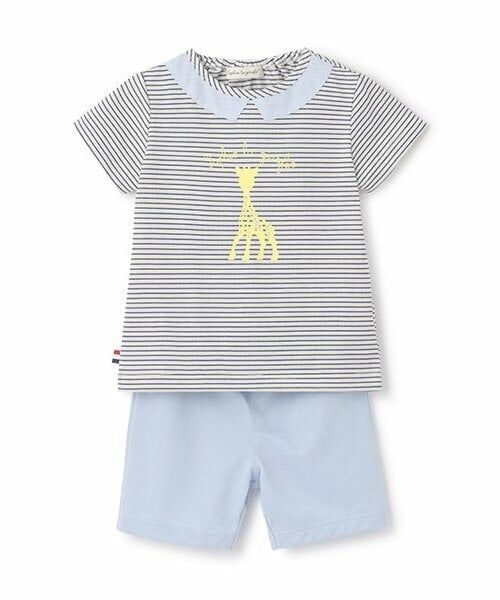 Sophie la girafe / キリンのソフィー Tシャツ | プリントボーダー半袖スーツ【日本製】（ブルー）