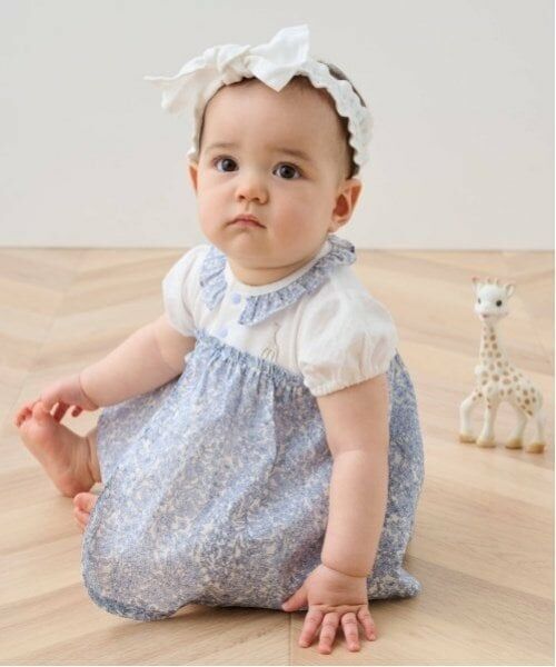Sophie la girafe / キリンのソフィー ロンパース | 小花柄ショートオール【日本製】（ブルー）