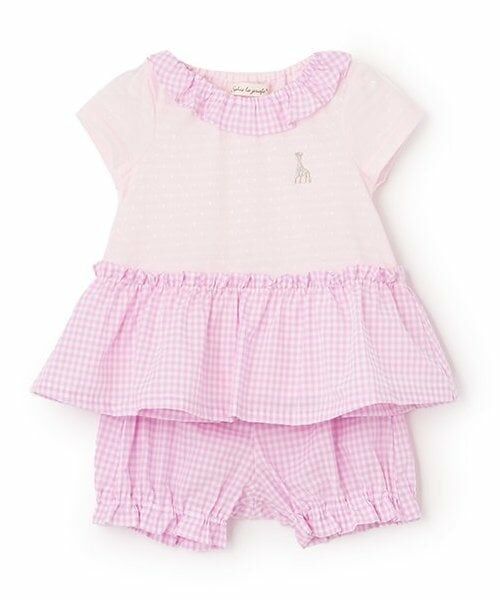 Sophie la girafe / キリンのソフィー ロンパース | ギンガムチェックベビースーツ【日本製】（ピンク）