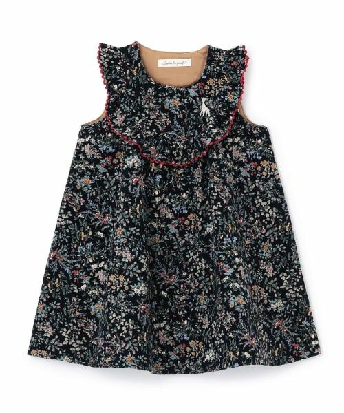 Sophie la girafe / キリンのソフィー ミニ丈・ひざ丈ワンピース | 花柄ジャンパースカート【日本製】（紺）