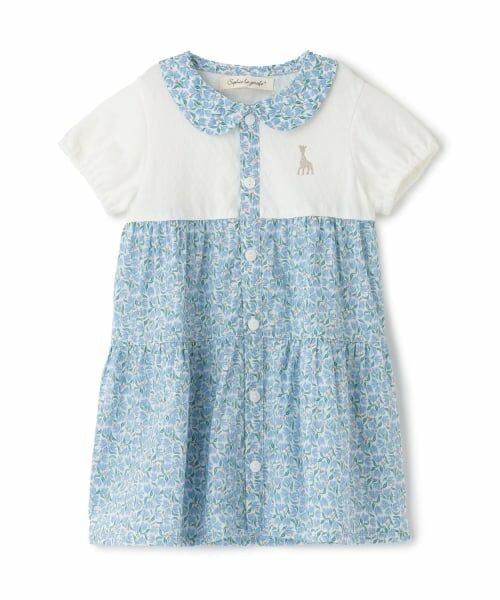 Sophie la girafe / キリンのソフィー ミニ丈・ひざ丈ワンピース | 花柄ワンピース【日本製】（ブルー）