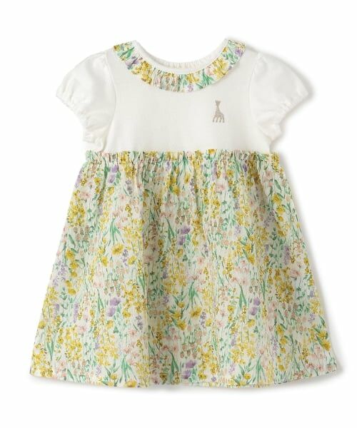 Sophie la girafe / キリンのソフィー ミニ丈・ひざ丈ワンピース | リップル花柄半袖ワンピース（オフ ホワイト）