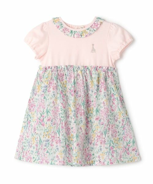 Sophie la girafe / キリンのソフィー ミニ丈・ひざ丈ワンピース | リップル花柄半袖ワンピース（ピンク）