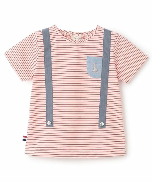 Sophie la girafe / キリンのソフィー ベビー・キッズウエア | ボーダーサスペンダー半袖Ｔシャツ【日本製】（赤）