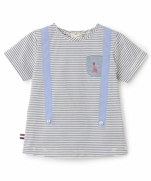 Sophie la girafe / キリンのソフィー ベビー・キッズウエア | ボーダーサスペンダー半袖Ｔシャツ【日本製】（ブルー）