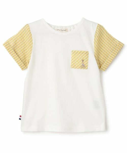 Sophie la girafe / キリンのソフィー Tシャツ | 袖チェックサッカー半袖Tシャツ（オフ ホワイト）