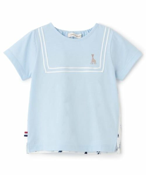 Sophie la girafe / キリンのソフィー ベビー・キッズウエア | ヨット柄サッカー切り替え半袖Tシャツ（ライト ブルー）