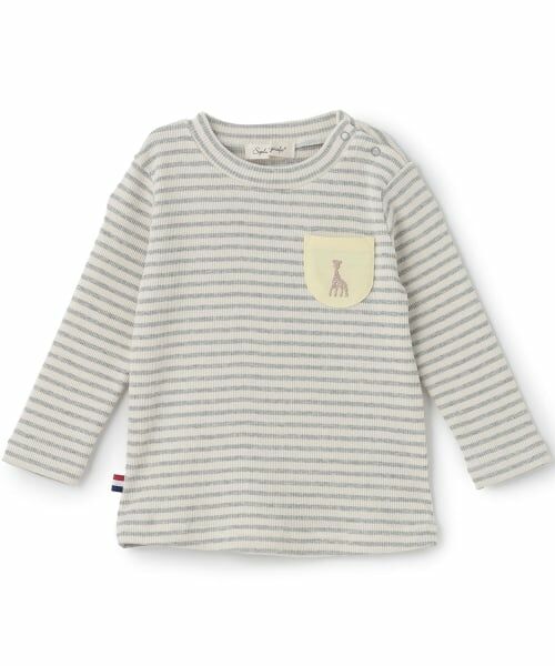 Sophie la girafe / キリンのソフィー ベビー・キッズウエア | テレコボーダー長袖Ｔシャツ【日本製】（グレー）