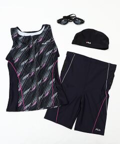 フィラ FILA フィットネス水着 選べる3点セット 総柄フルジップセパレート ゴーグル スイムキャップ付き レディース セパレート タンキニフィットネス 水着セット プール 海 314604SET