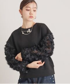 SunaUna / スーナウーナ カットソー | 【一足お先に春気分／袖チュールフラワー】ダンボールプルオーバー