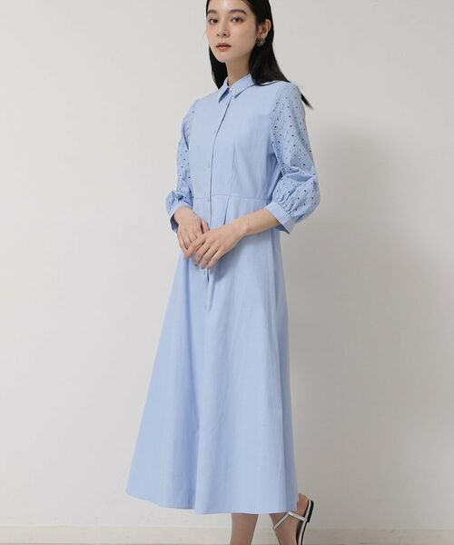 SunaUna / スーナウーナ ロング・マキシ丈ワンピース | 【袖レース/パール調パーツ】衿付きワンピース(ブルー(091))