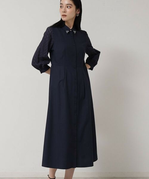SunaUna / スーナウーナ ロング・マキシ丈ワンピース | 【袖レース/パール調パーツ】衿付きワンピース(ネイビー(094))