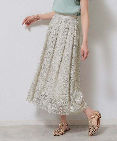 SunaUna / スーナウーナ ロング・マキシ丈スカート | 【裾スカラップ/後ろウエストゴム】レーススカート(ライトグレー(011))