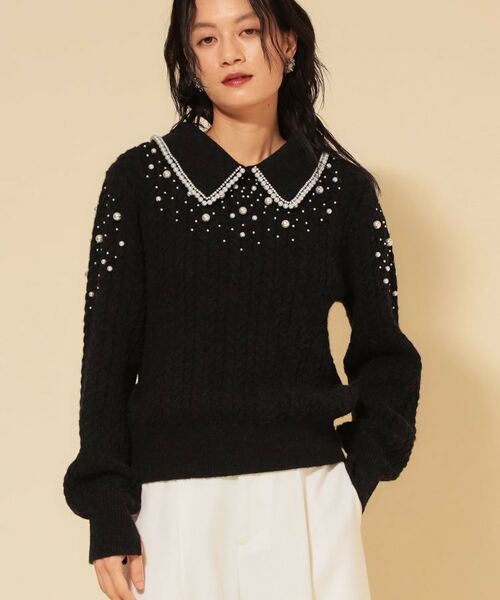 SunaUna/スーナウーナ 【COLLECTION LINE】衿付きパール調ニット ブラック(019) 38(M) SunaUna/スーナウーナ 【COLLECTION LINE】衿付きパール調ニット ブラック(019) 38(M)