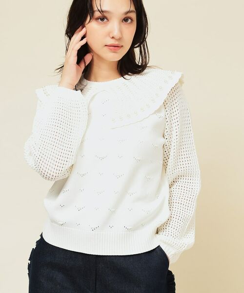 SunaUna/スーナウーナ 【COLLECTION LINE】透かしパール調ニット オフホワイト(003) 40(L) SunaUna/スーナウーナ 【COLLECTION LINE】透かしパール調ニット オフホワイト(003) 40(L)