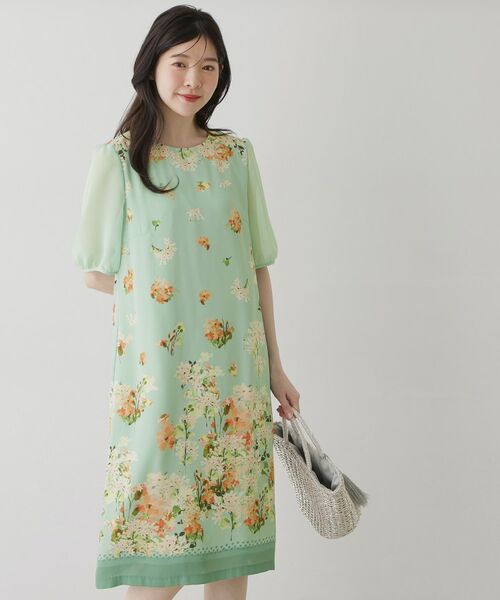 SunaUna / スーナウーナ ロング・マキシ丈ワンピース | 【co creation and yours／SS～L】多色花柄プリント五分袖ワンピース（グリーン(122)）