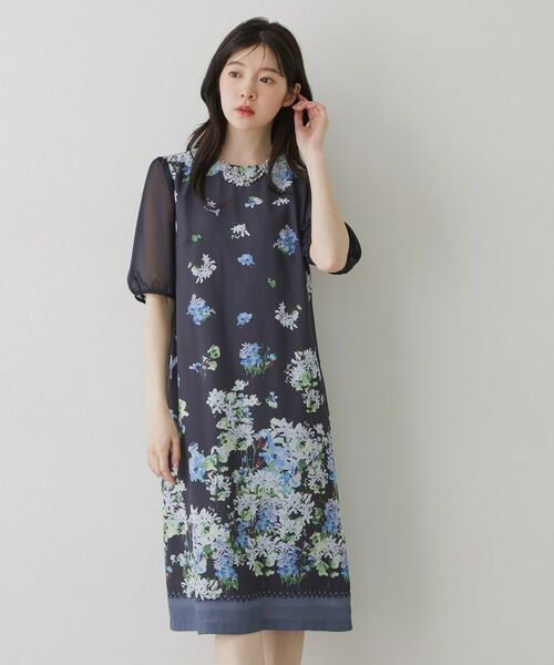 SunaUna / スーナウーナ ロング・マキシ丈ワンピース | 【co creation and yours／SS～L】多色花柄プリント五分袖ワンピース（ネイビー(194)）