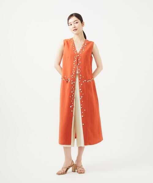 シヨルダ-ワンピ-ス(オレンジ色) セール】 シェルボタンジレドレス （ロング・マキシ丈ワンピース