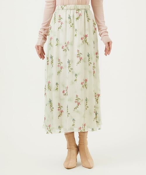Sybilla / シビラ ロング・マキシ丈スカート | ドットフラワー刺繍スカート（ライトベージュ）