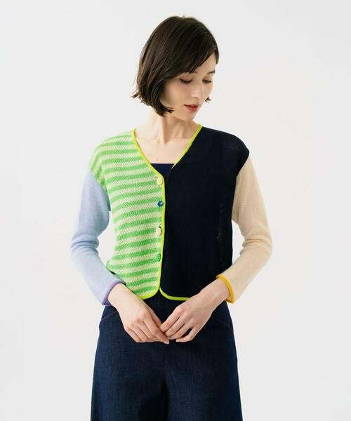 Sybilla / シビラ カーディガン・ボレロ | ブロックボーダーカーディガン(グリーン×ネイビー系)
