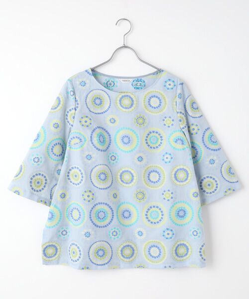 TABASA / タバサ チュニック | モザイクカットジャガード七分袖チュニック（ブルー系）