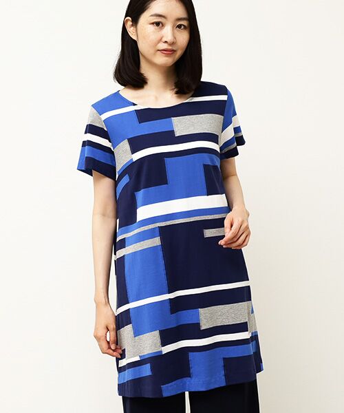 TABASAの青チュニック 週末お値下げ》TABASA 半袖チュニック 青と白のストライプ TABASA