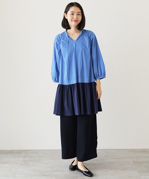 TABASA/タバサ バイカラーコットンローンチュニック ブルー×コン F TABASA/タバサ バイカラーコットンローンチュニック ブルー×コン F