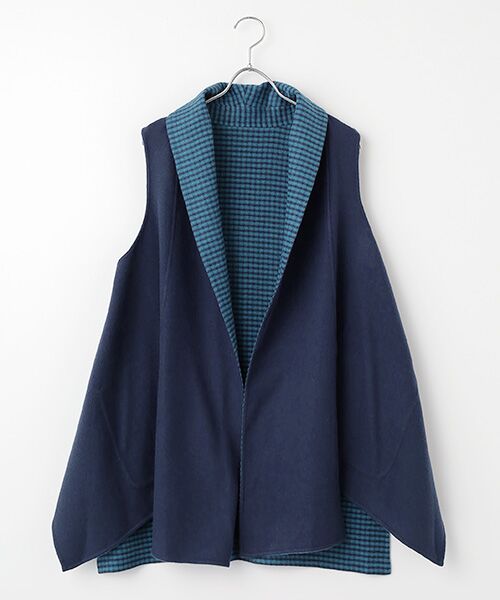 TABASA / タバサ ベスト | ギンガム × 無地 ダブルフェイス 両面起毛 ロングベスト | 詳細6