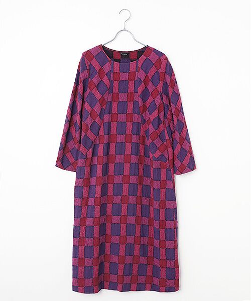 TABASA / タバサ ロング・マキシ丈ワンピース | ウール/コットン 風通 ガーゼ チェック ワンピース（パープル系）