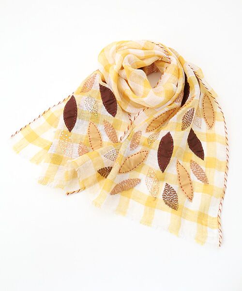 TABASA / タバサ マフラー・ショール・スヌード・ストール | ☆リーフ アップリケ ＆ 刺繍 ギンガム ストール | 詳細3