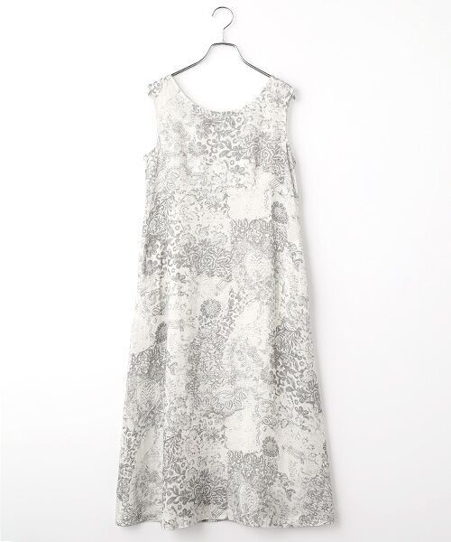 TABASA / タバサ ロング・マキシ丈ワンピース | フレンチリネン × かすりアート プリント ノースリーブ ワンピース（グレー系）