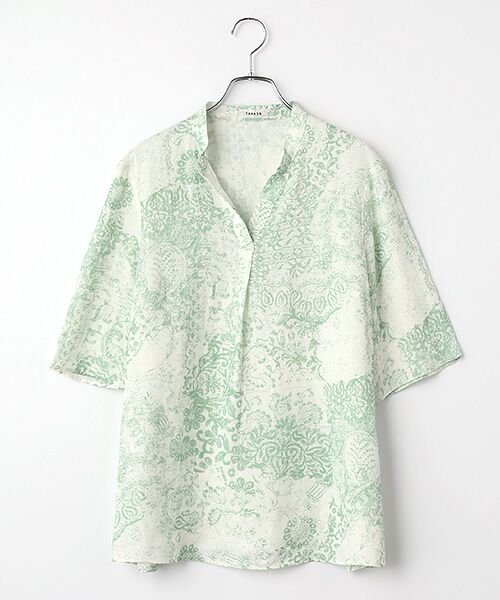 TABASA / タバサ チュニック | フレンチリネン × かすりアート プリント チュニック（グリーン系）