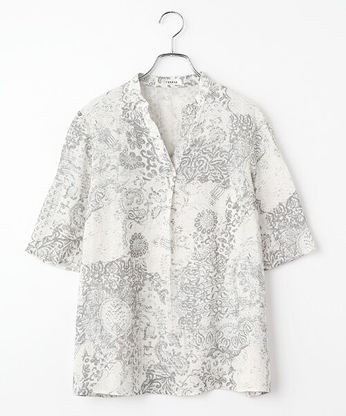 TABASA / タバサ チュニック | フレンチリネン × かすりアート プリント チュニック（グレー系）