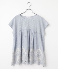 TABASA / タバサ シャツ・ブラウス | コットン ボイル ストライプ × スカラップ レース刺繍 ブラウス